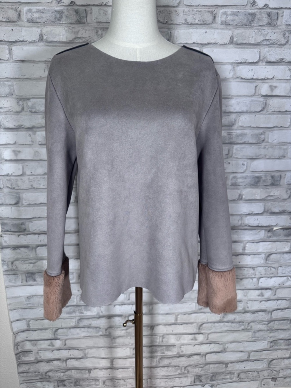 Zara Gray Faux-Suede Sweatshirt with Tan Faux-Fur Cuffs Medium